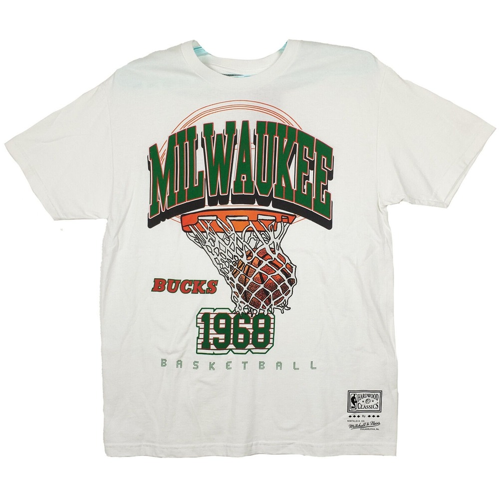 Milwaukee Bucks Mitchell & Ness NBA Large Shirt 1968 Swish Art White NWT